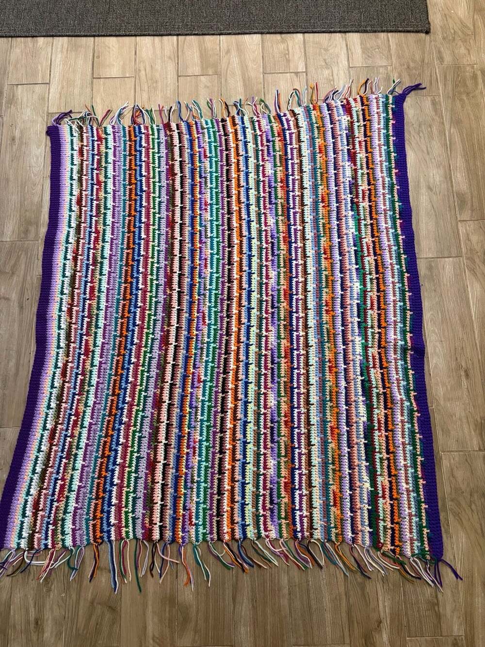 Handmade Crocheted Throw Blanket Size 51x60 Multicolor Fringe Boho